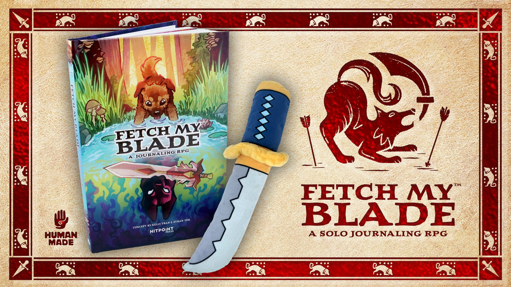 Key art for Fetch My Blade with a mockup of the book and a plush dog toy