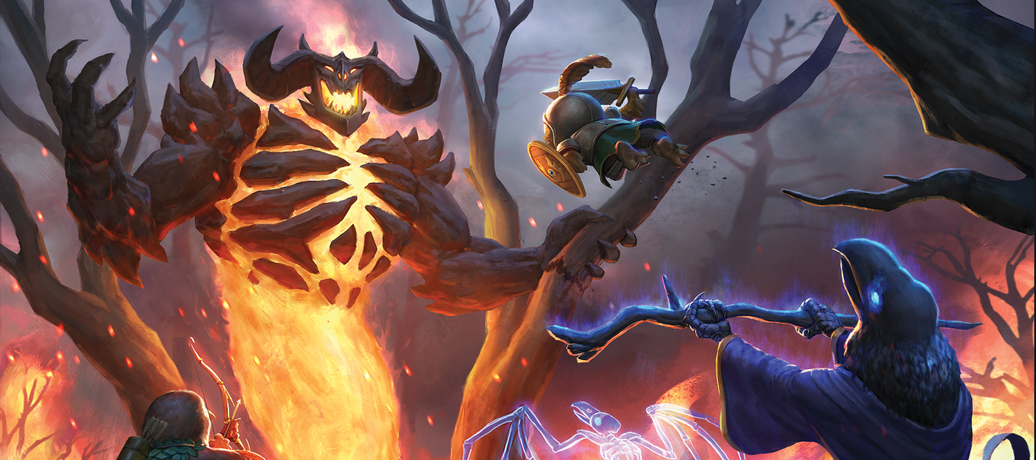 Fantasy scene with a large, horned fire elemental, a crowlike character with a glowing staff, and an owl knight leaping towards the fire elemental in a forest setting.