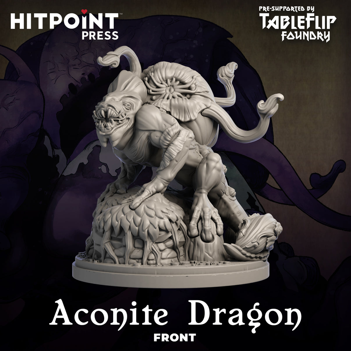 A digital image of a Aconite Dragon miniature, which is a fantasy creature with floral elements, designed for 3D printing. The model is shown in grayscale, highlighting its intricate details and sculpted features.