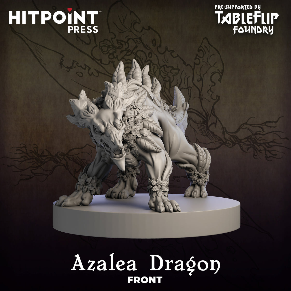 3D printed miniature model of an Azalea Dragon, with a floral dragon design, posed frontally on a display stand.