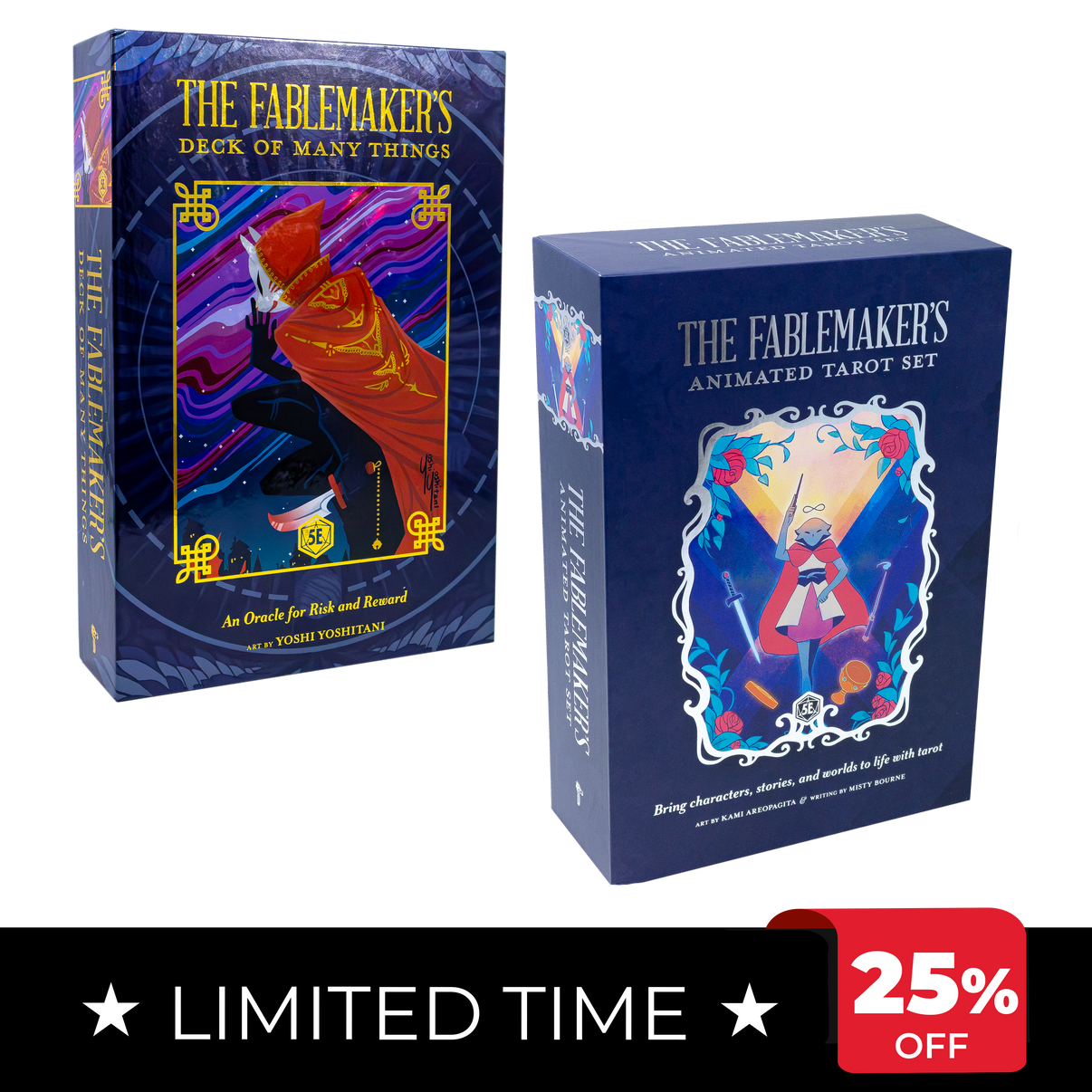 Two tarot card sets in blue boxes with colorful artwork on a white background.