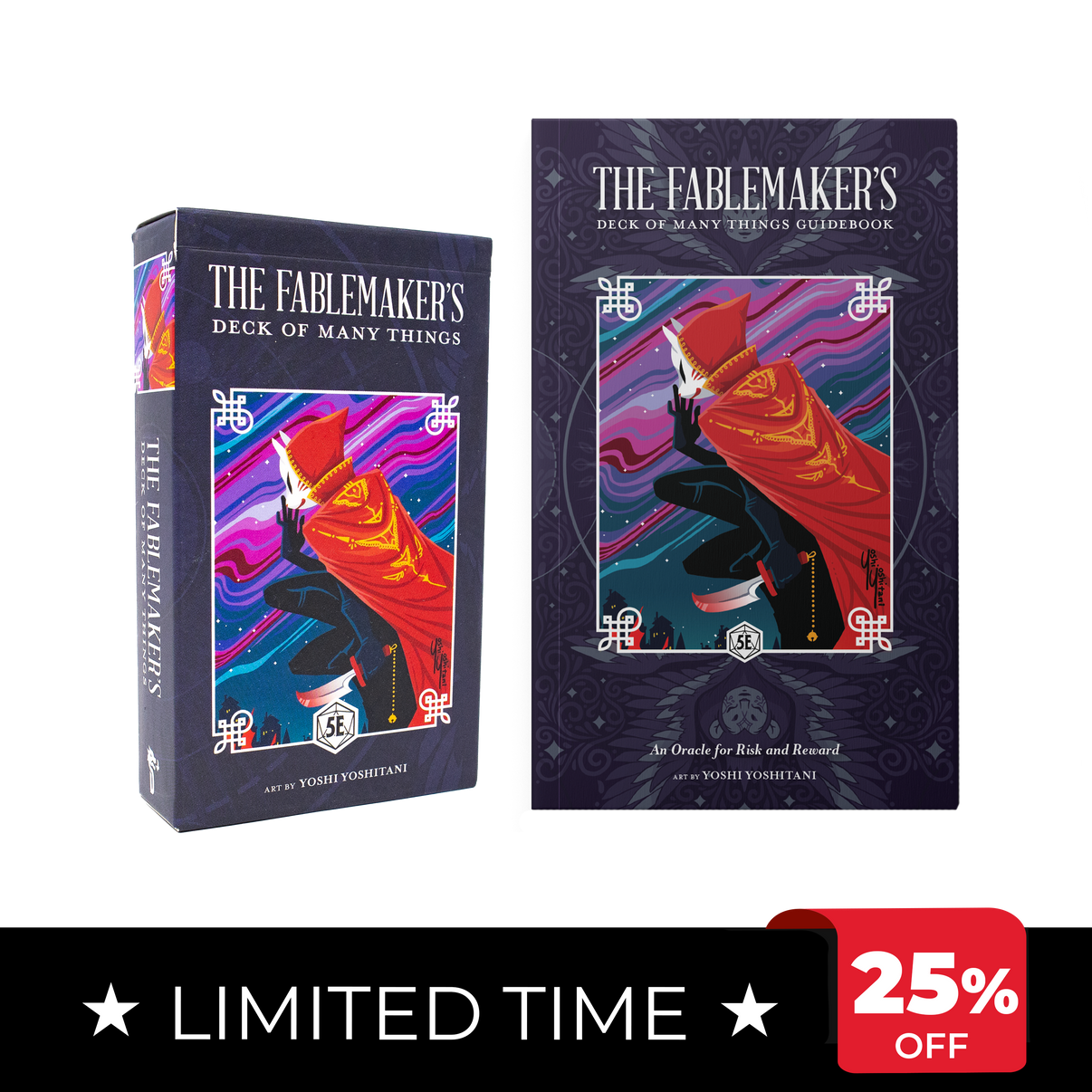 The Fablemaker's Deck of Many Things packaging with a discount offer on a white background