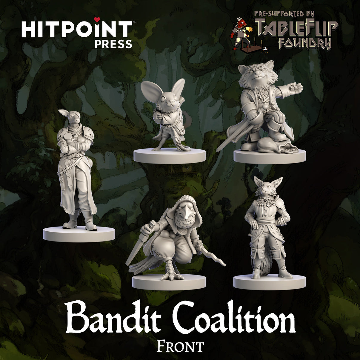 A collection of five digital STL files for 3D printing, representing characters from the Humblewood campaign setting, posed in various stances.