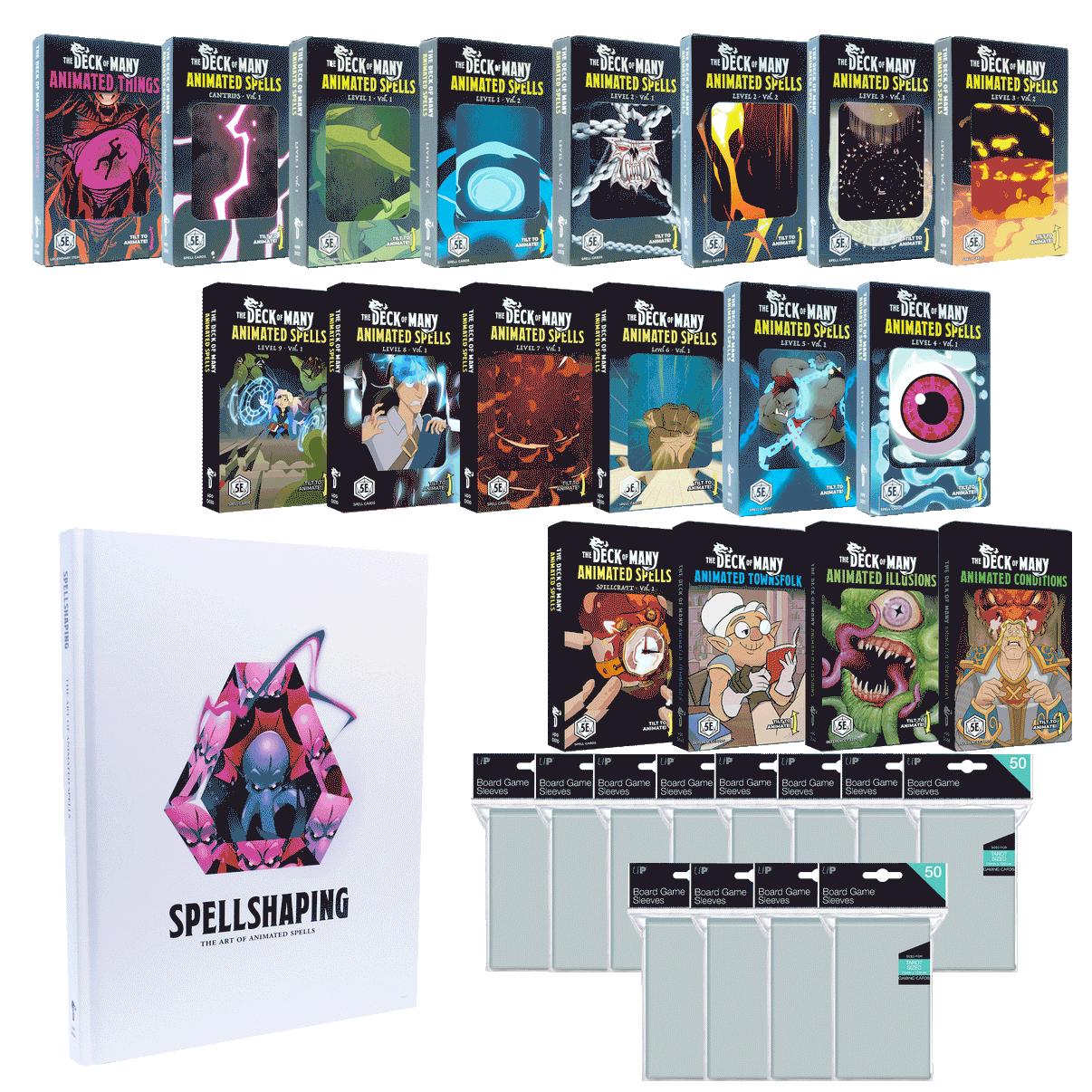 An animated GIF for the Deck of Many Things Animated card packs, with book and card sleeves.