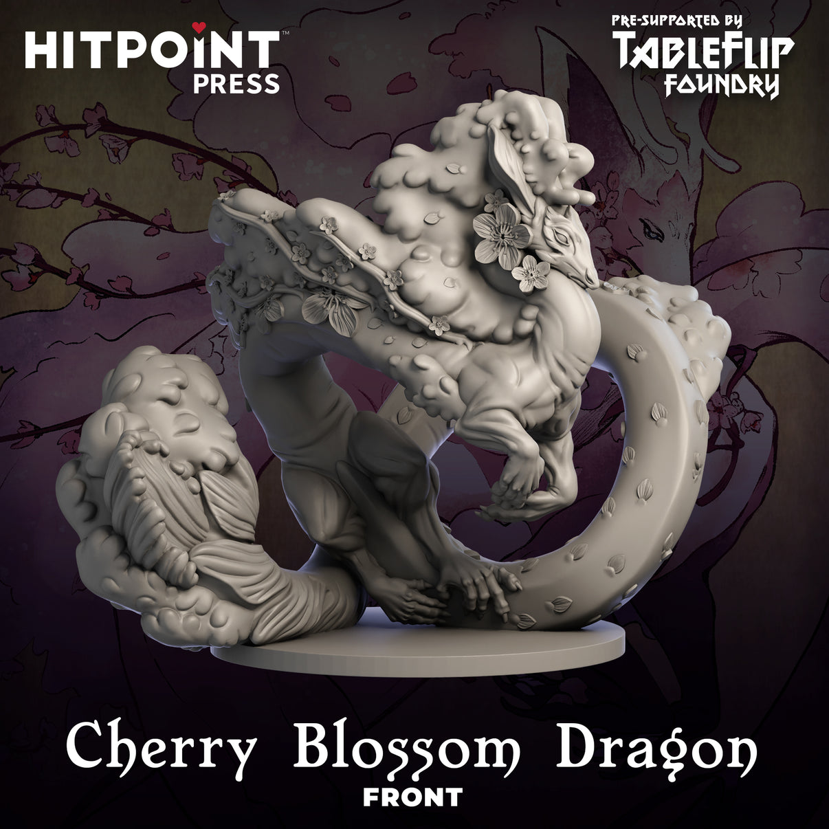 A digital image of a miniature STL file for a Cherry Blossom Dragon, designed for 3D printing and painting, from the series Floral Dragons.