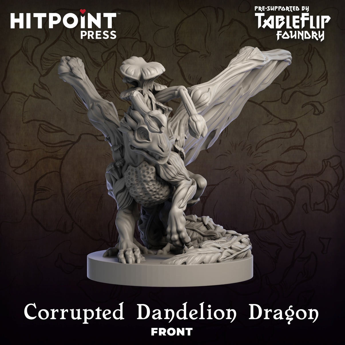 A digital rendering of a Corrupted Dandelion Dragon miniature, designed for 3D printing, from the Field Guide to Floral Dragons series.