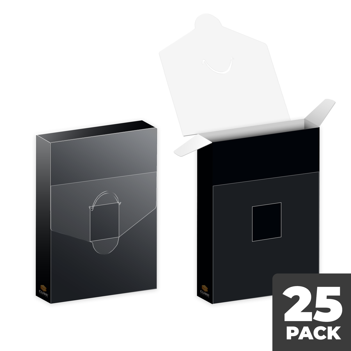 Black box pack with a folding lid, mean to hold magic: the gathering pokemon mtg and trading cards, labeled '25 Pack' on a white background.