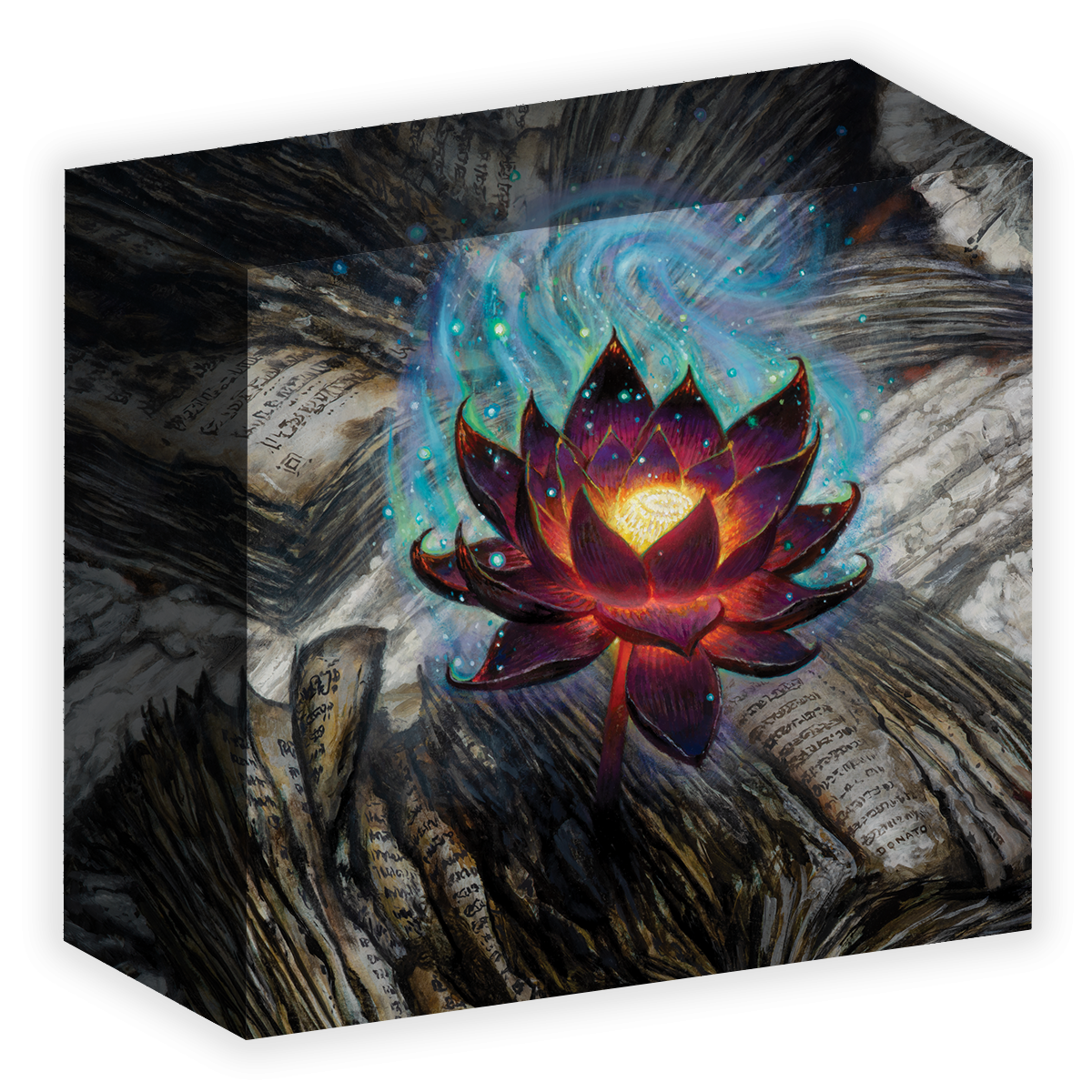 A heavy-duty board game storage box with a floral design, predominantly featuring a red and orange lotus flower on the lid.