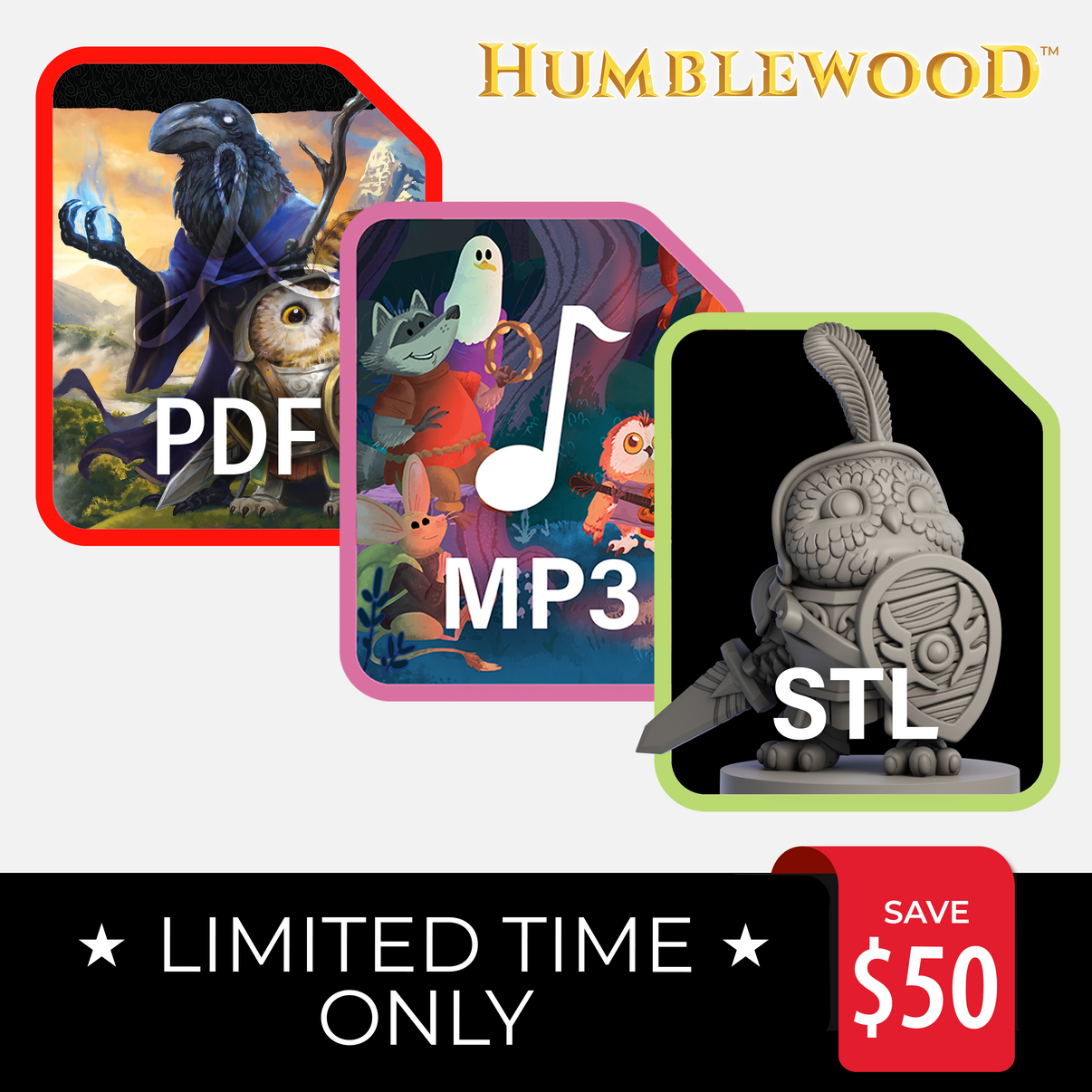 Promotional image for Humblewood Digital Deluxe Bundle featuring icons and images representing PDF, MP3, and STL file types for the game, with a save $50 offer.