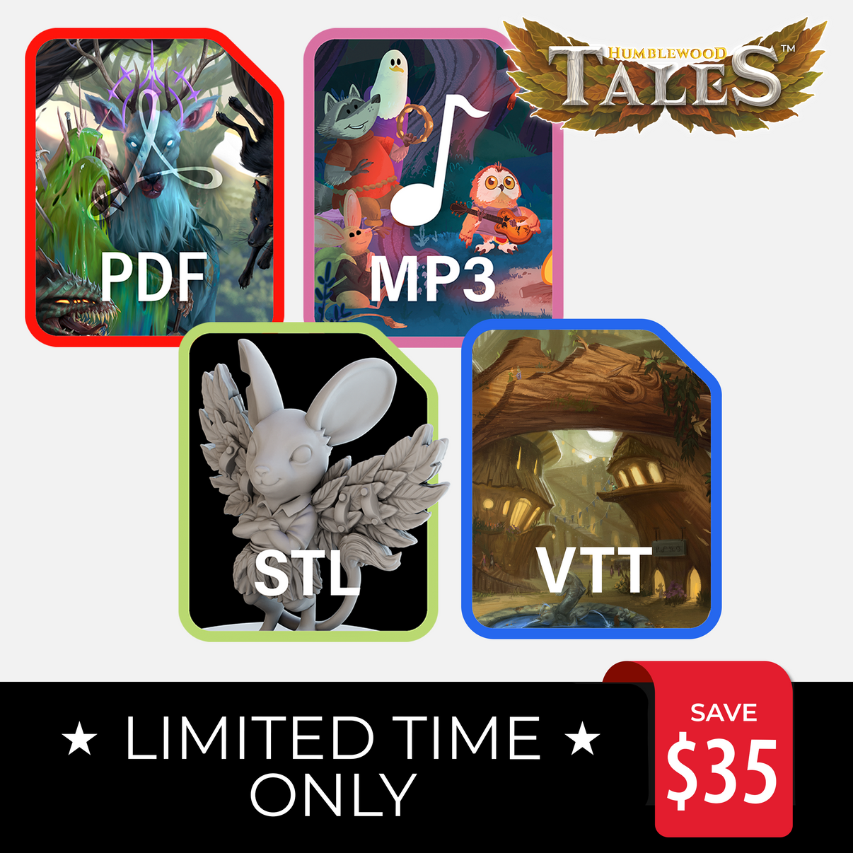 Promotional image for Humblewood Tales Digital Deluxe Bundle featuring icons and images representing PDF, MP3, STL, and VTT file formats with a save $35 offer.
