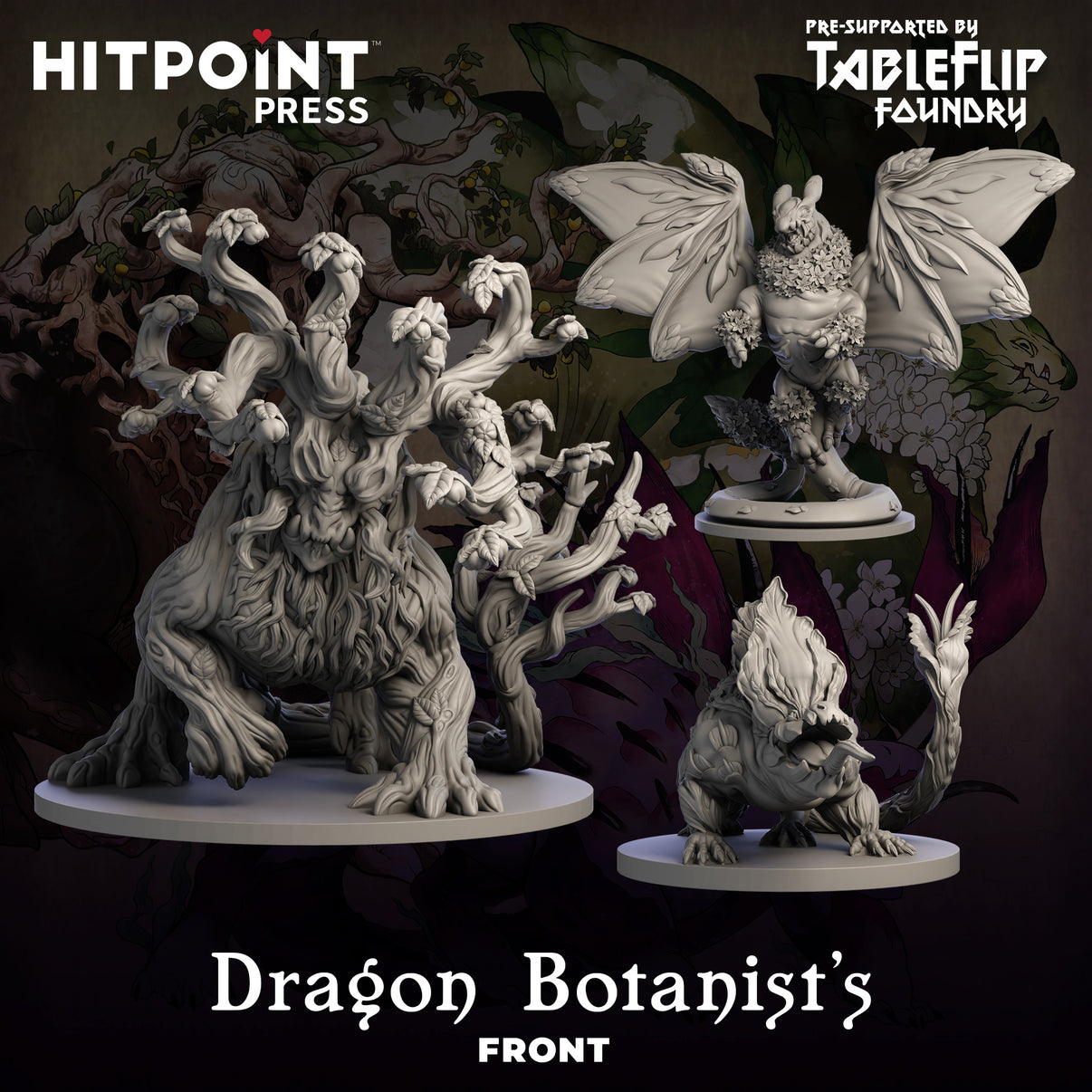 A set of digital miniatures of floral dragons designed for 3D printing, showing various dragons in a front view pose.