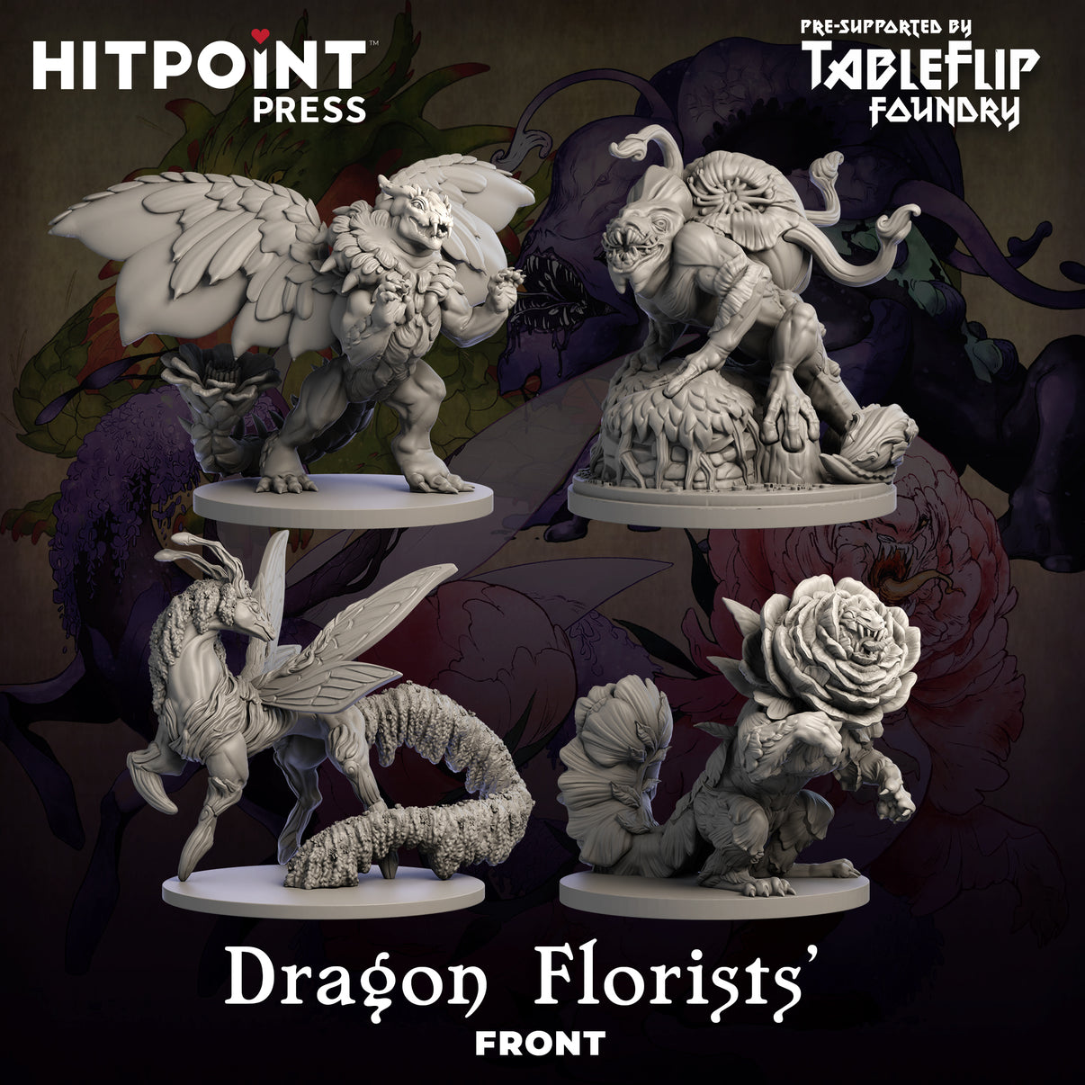 A collection of digitally designed floral dragon miniatures on a dark background, intended for 3D printing and tabletop gaming.
