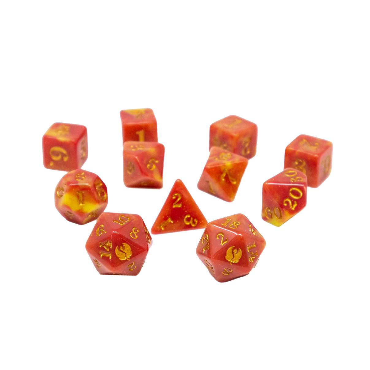 Set of pink and gold polyhedral dice on a white background