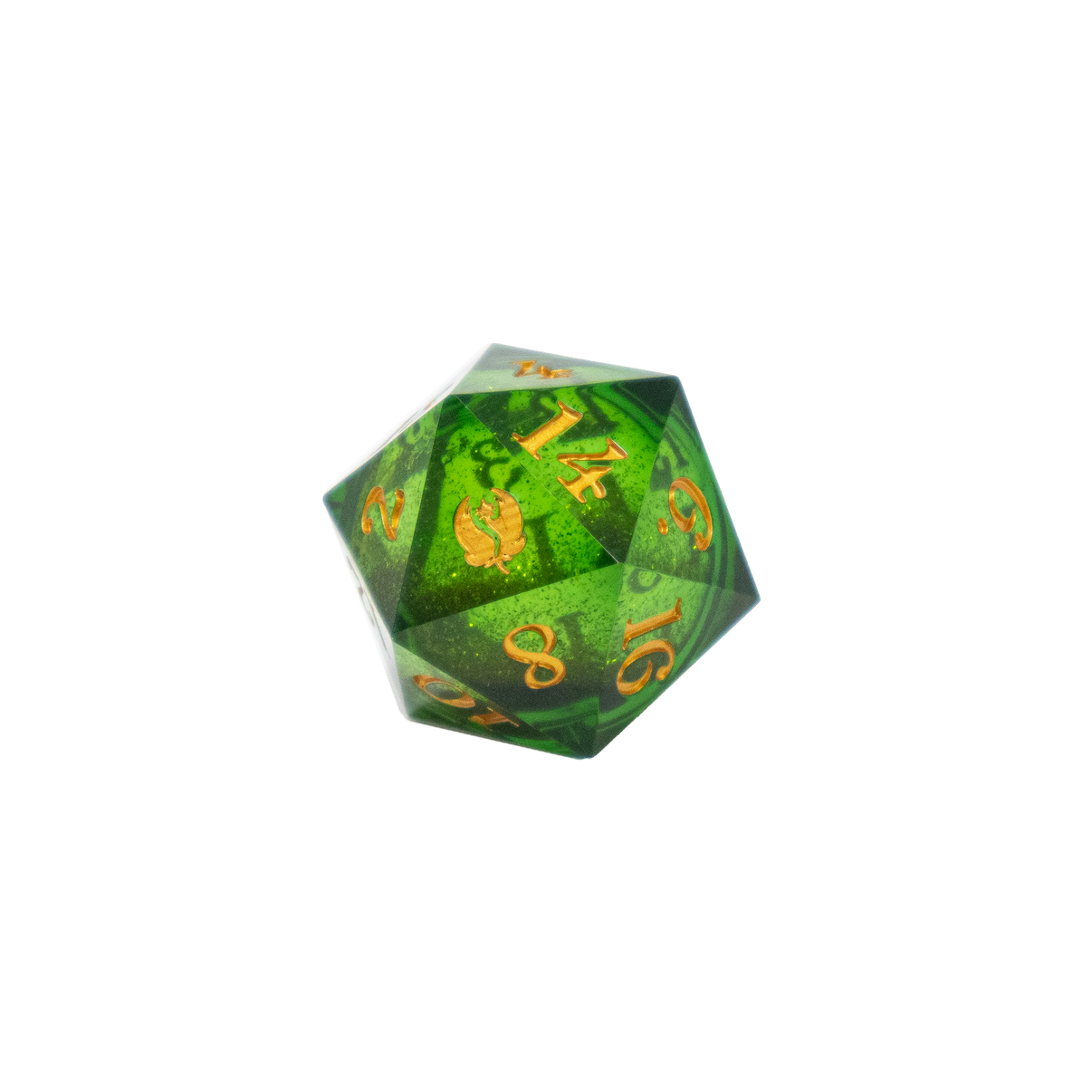 Green polyhedral dice with gold numbers on a white background
