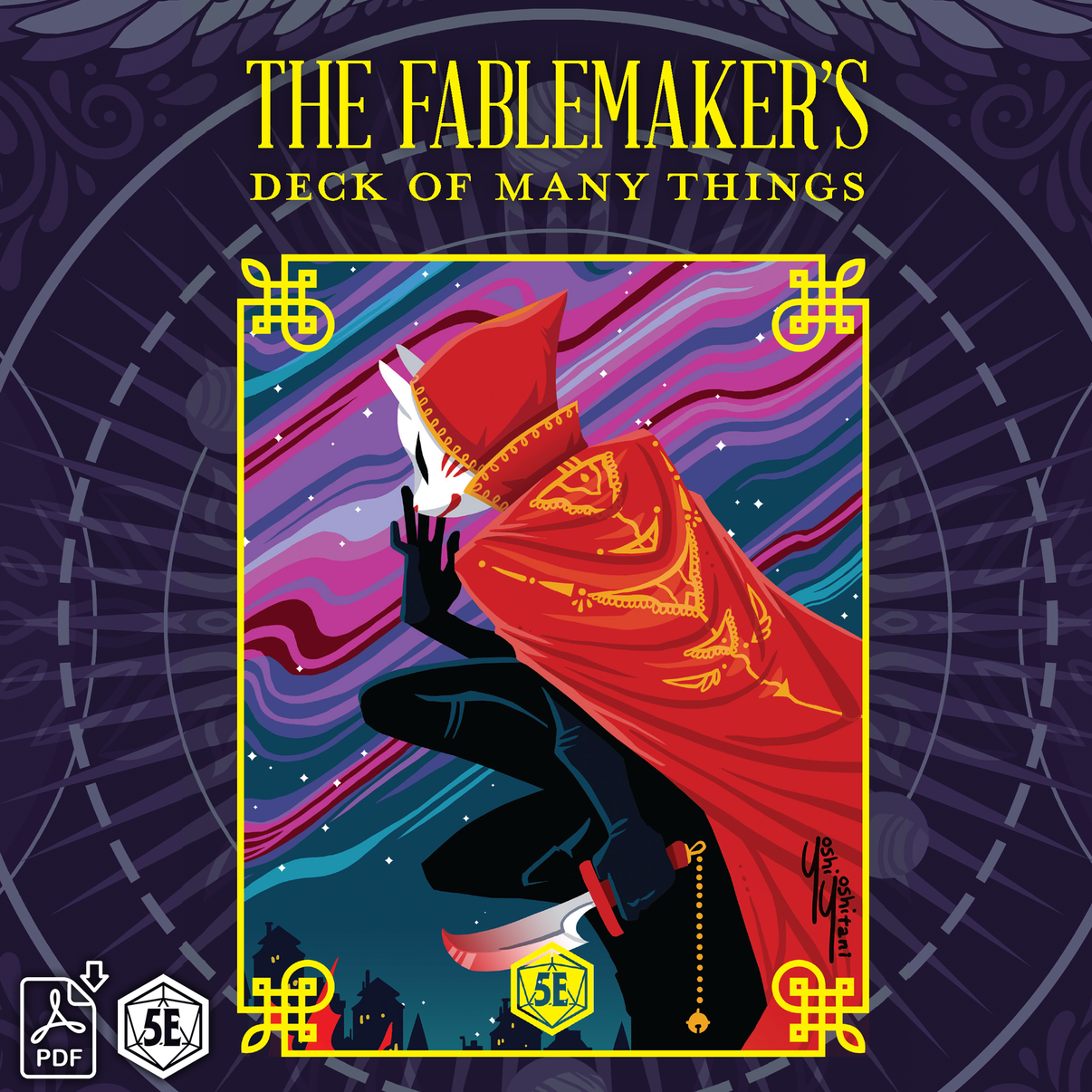 Cover art for The Fablemaker's Deck of Many Things featuring a character in a red cape holding a book, with a colorful, mystical background. The image has a digital print style and indicates that the product is for the 5th edition of D&D.