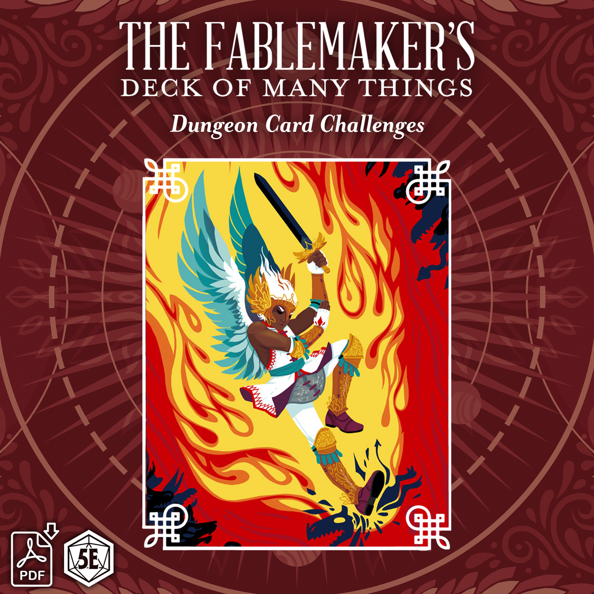 Cover art for 'The Fablemaker's Deck of Many Things', depicting a colorful fantasy creature in a fiery dungeon setting, indicating a theme of adventure and challenge.