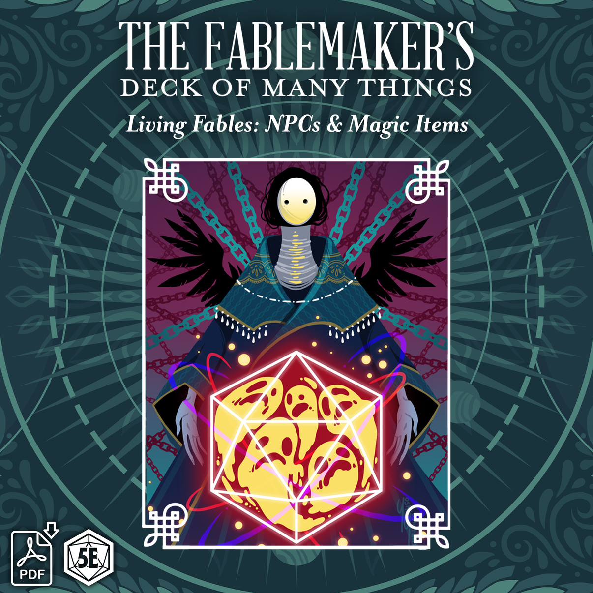 Cover art for 'The Fablemaker's Deck of Many Things', featuring a colorful magical deck design with intricate patterns and a character illustration.