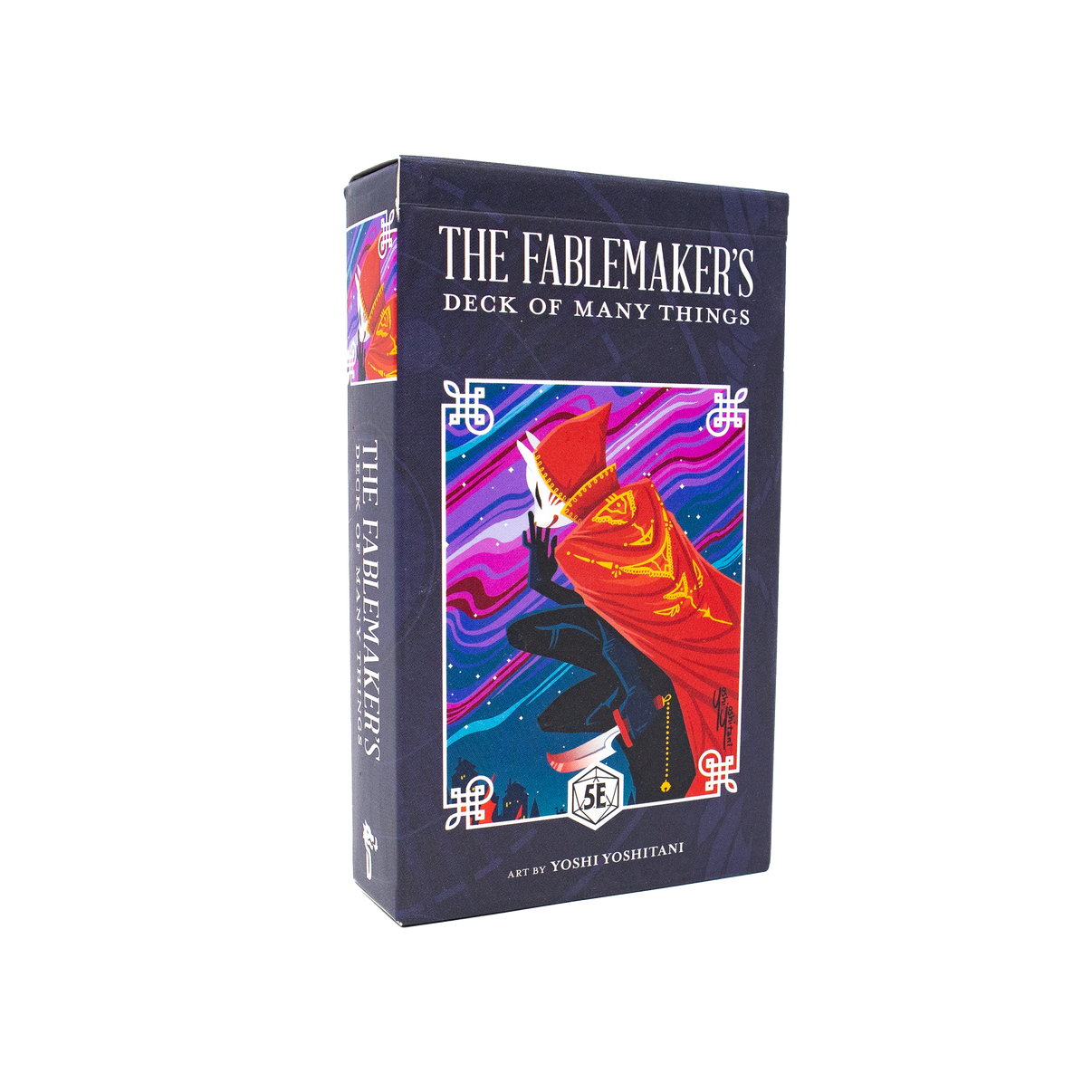 A box of 'The Fablemaker's Deck of Many Things' featuring illustrated card artwork with colorful magical imagery.