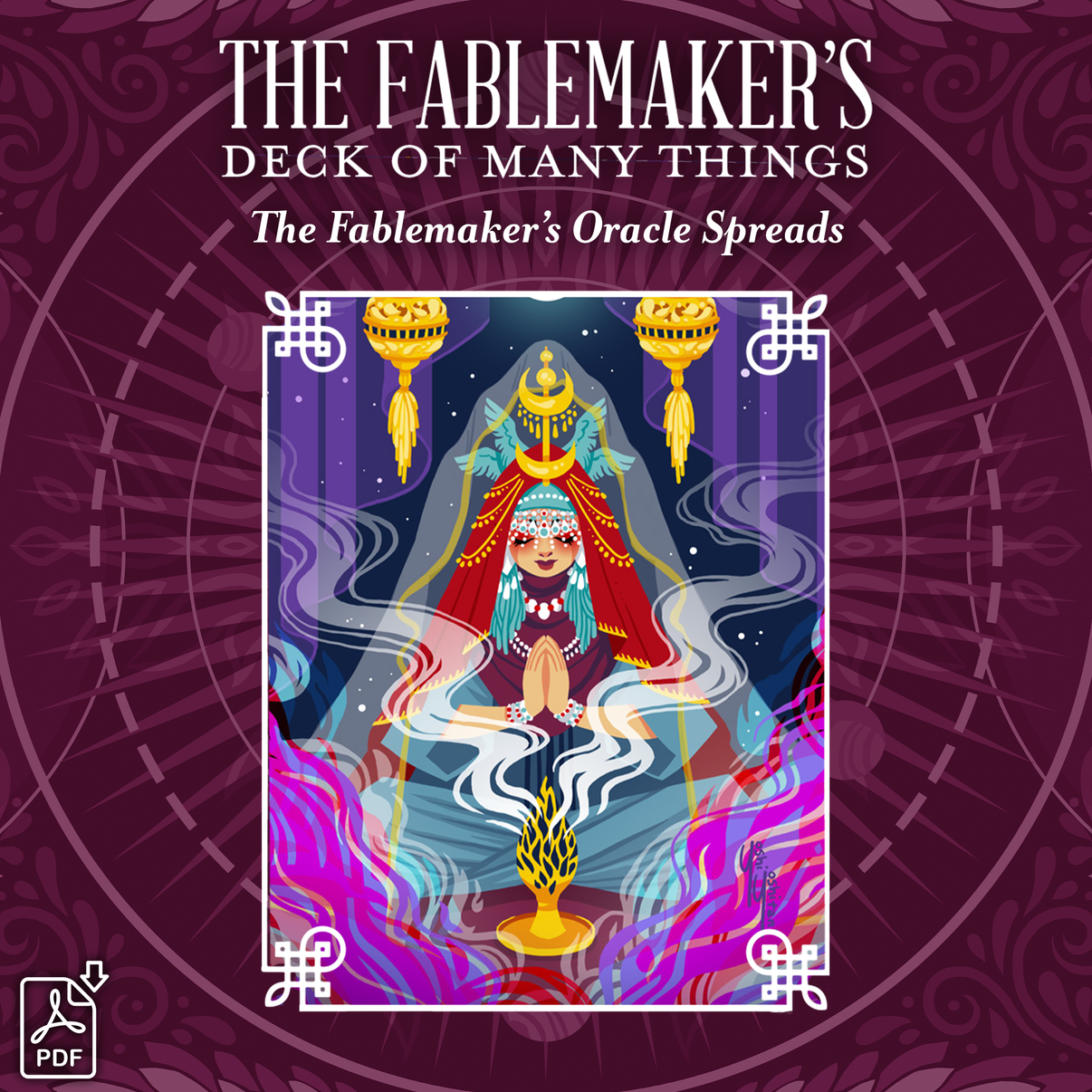 Cover of 'The Fablemaker's Deck of Many Things' PDF, featuring an illustrated oracle card with a character and mystical elements against a purple background.