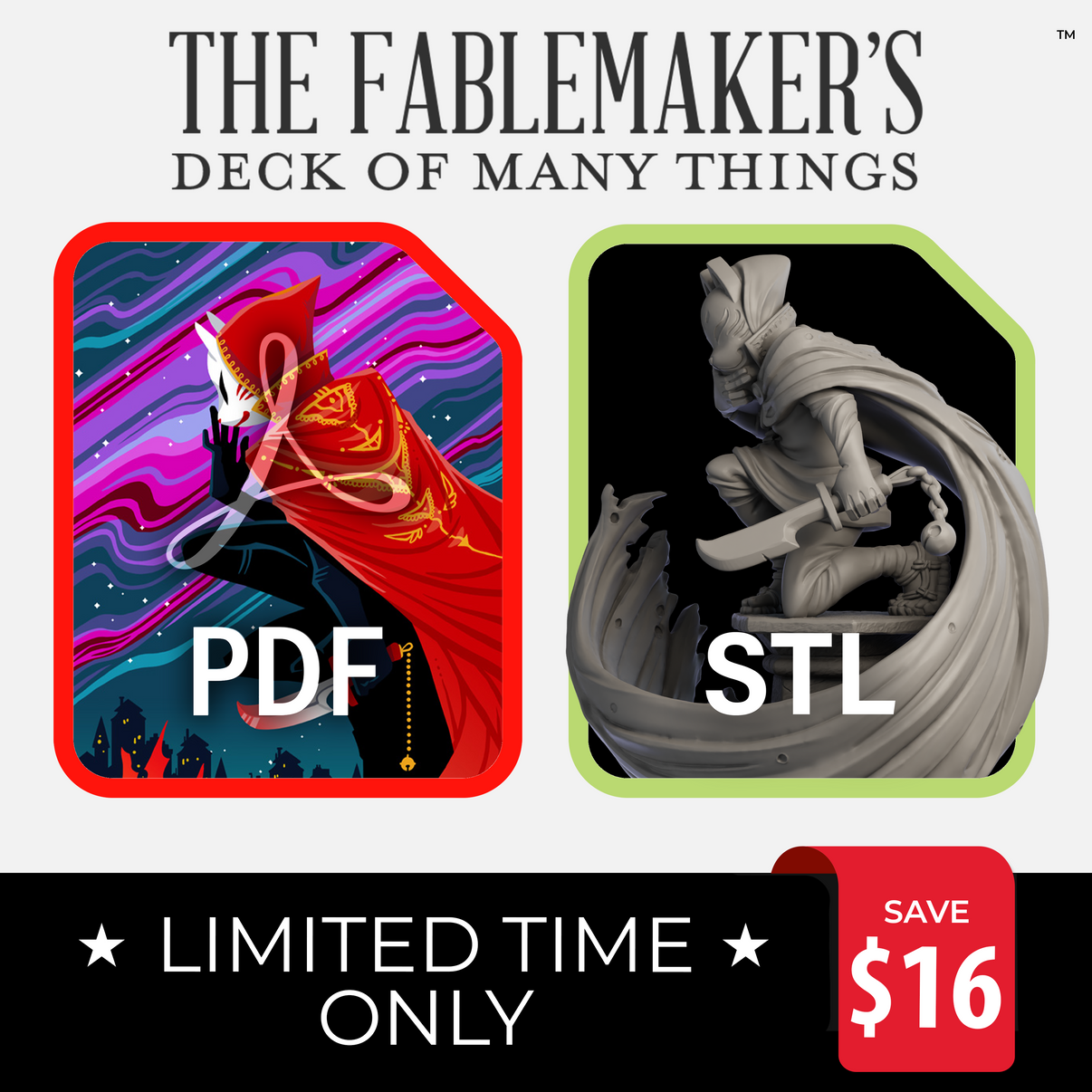 Promotional graphic for The Fablemaker's Deck of Many Things, showcasing a colorful card with a superhero and a grayscale image of a sculpted figure, indicating PDF and STL file formats, respectively, for the digital bundle.