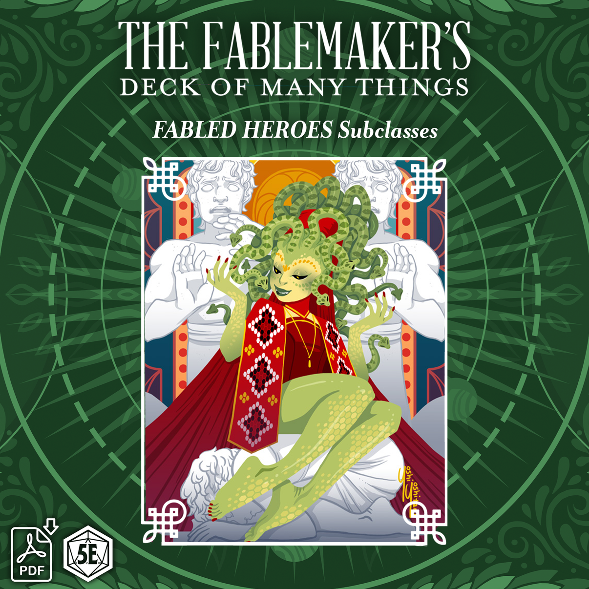 Cover art for 'The Fablemaker's Deck of Many Things - Fabled Heroes Subclasses PDF', featuring an illustrated character in a richly detailed, colorful design against a green patterned background.