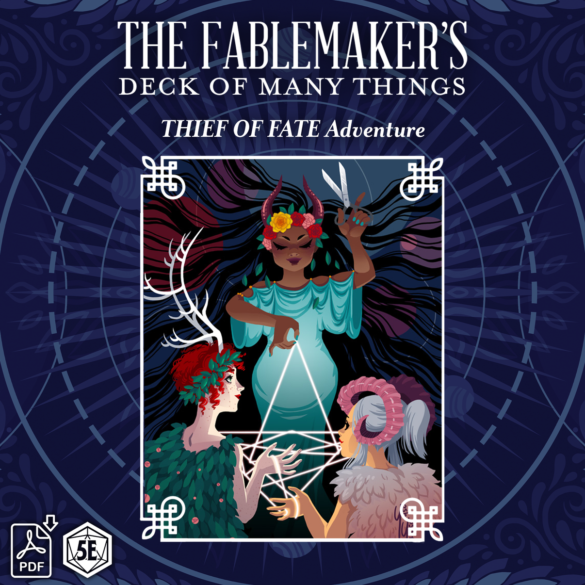Cover art for 'The Fablemaker's Deck of Many Things' featuring a Thief of Fate Adventure, with illustrations of characters in a magical setting.