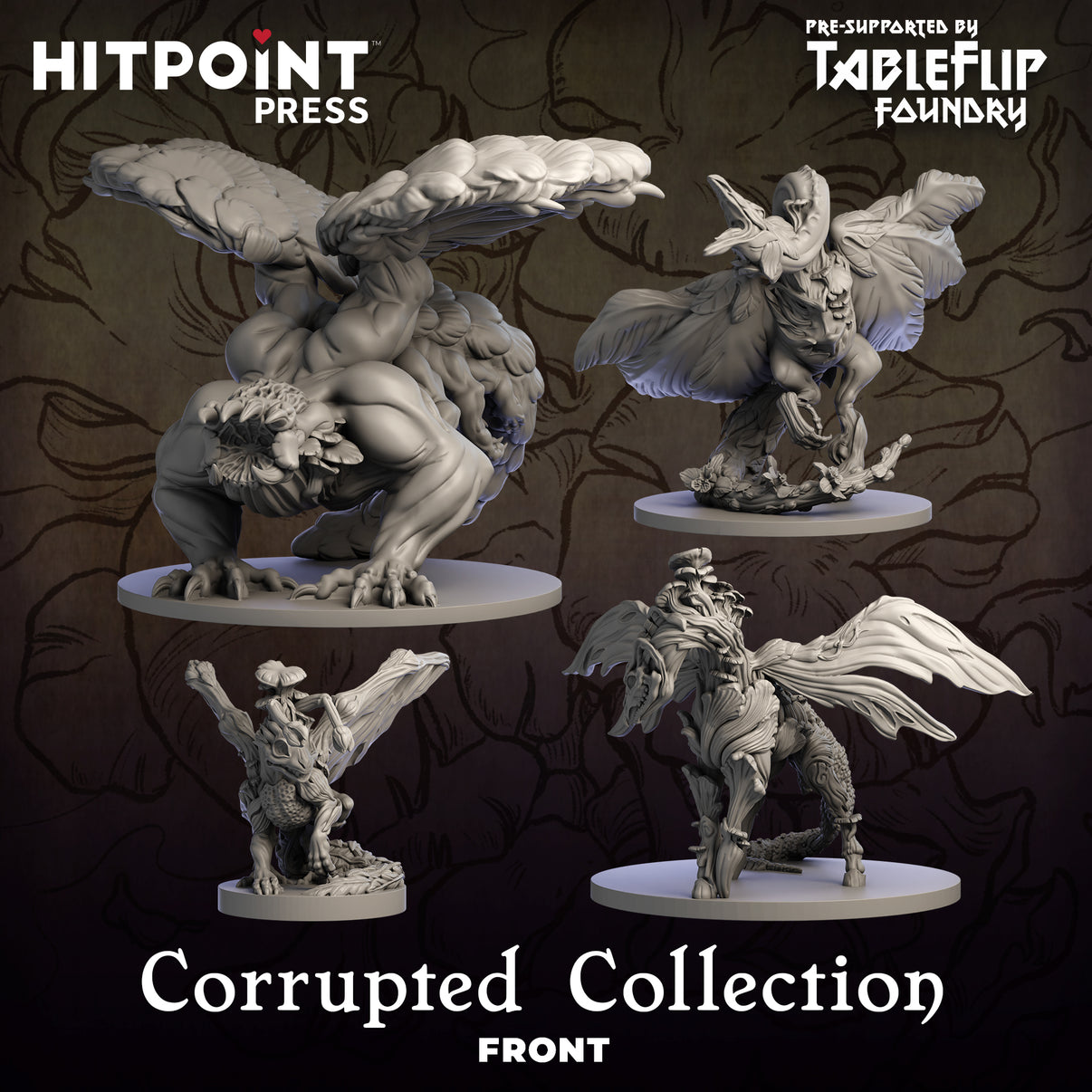 A collection of four digital miniatures of floral dragons in various poses, labeled as part of the 'Corrupted Collection'.