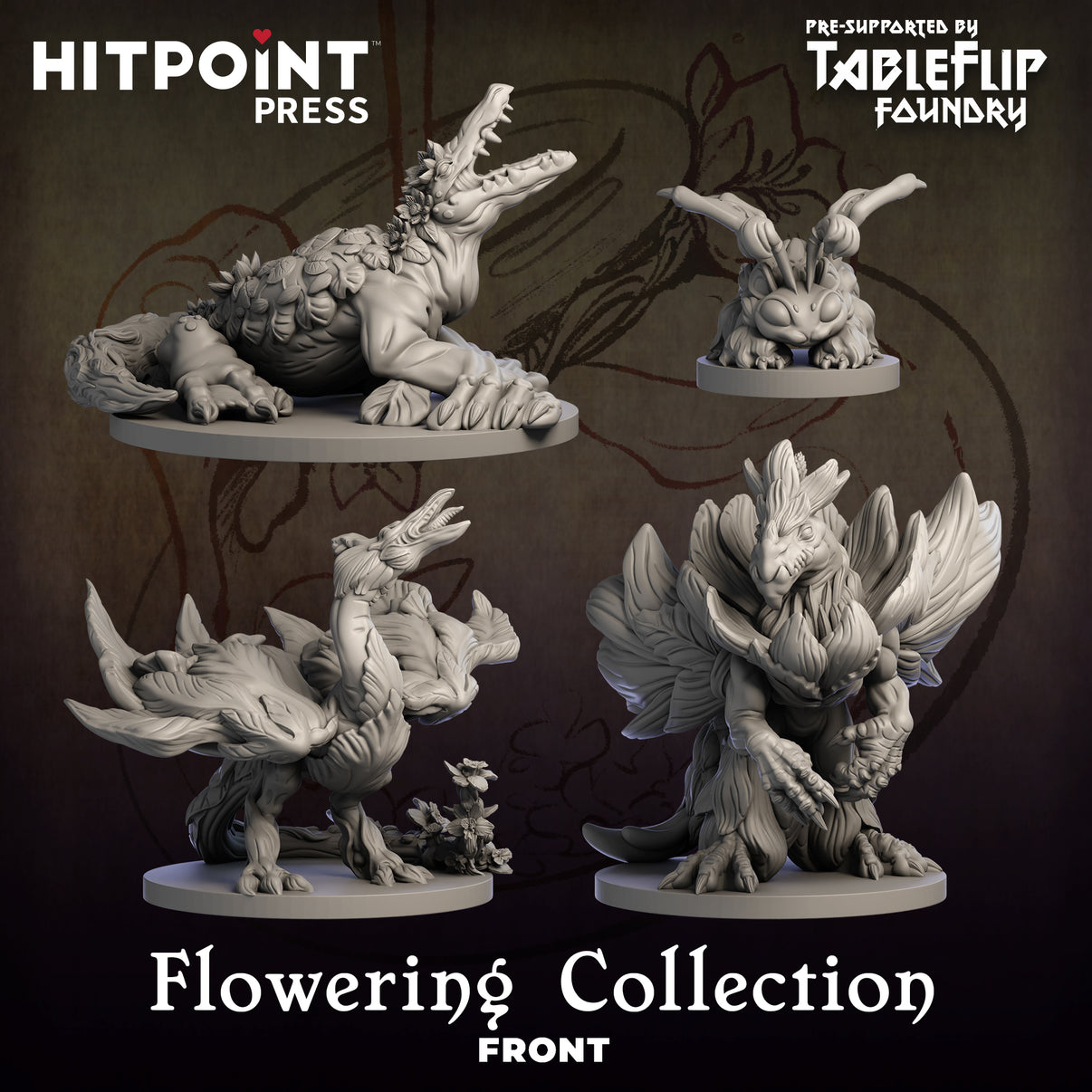 A collection of digital miniatures of floral dragons in various poses, designed for 3D printing and painting, presented by HIT POINT PRESS.