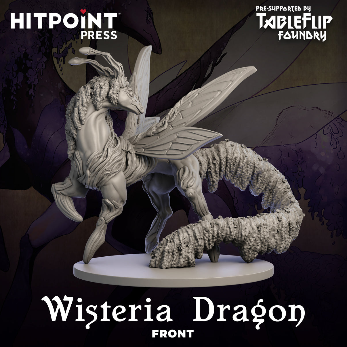 Digital rendering of a miniature Wisteria Dragon, with intricate floral patterns, intended for 3D printing and tabletop gaming.