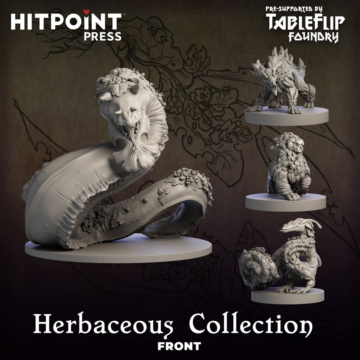 A promotional image featuring digital miniature STL files of floral dragons, with intricate designs suitable for 3D printing and painting, from the 'Herbaceous Collection'. The dragons are depicted in various poses and colors.