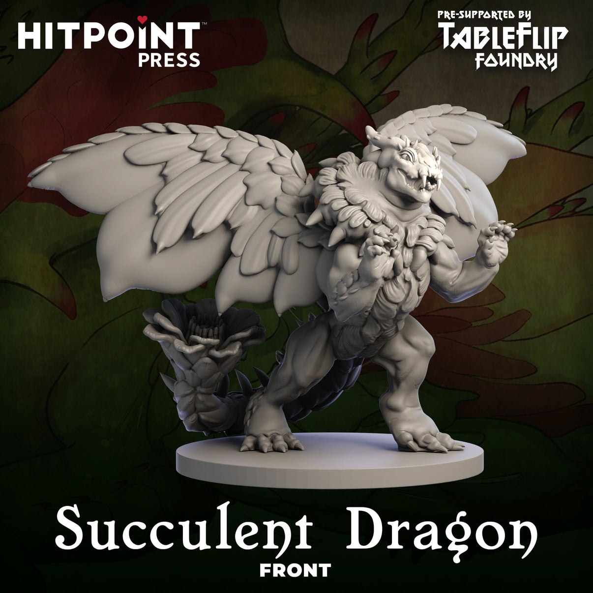 Digital rendering of a succulent dragon miniature, with detailed wings and body, ready for 3D printing.