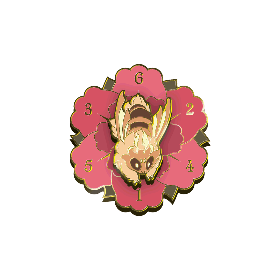 Enamel pin with bee design on a pink floral background