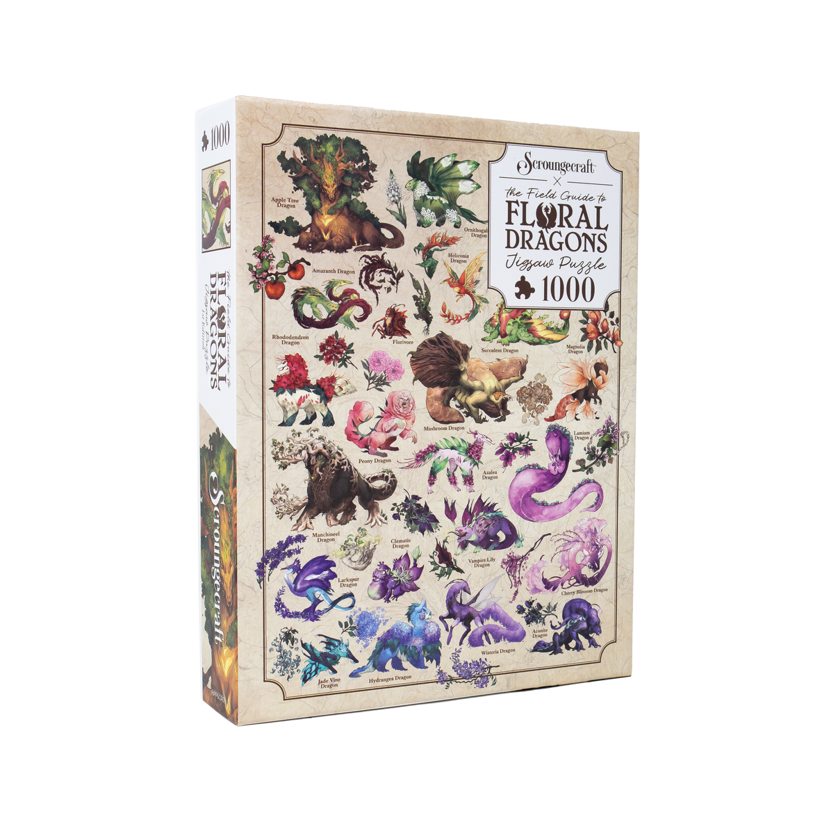 Jigsaw puzzle box featuring floral dragons on a white background