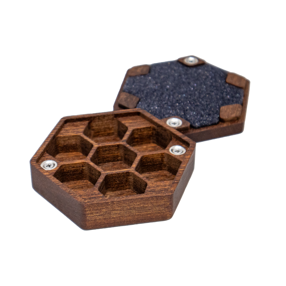 Wooden honeycomb container with a black textured lid on a white background