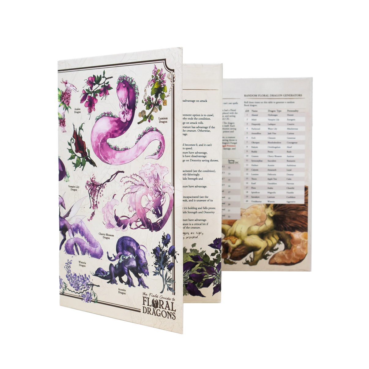 Floral dragons GM screen with dragon illustrations and text on a white background