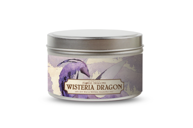 A candle tin with a label featuring an illustration of a purple wisteria dragon.