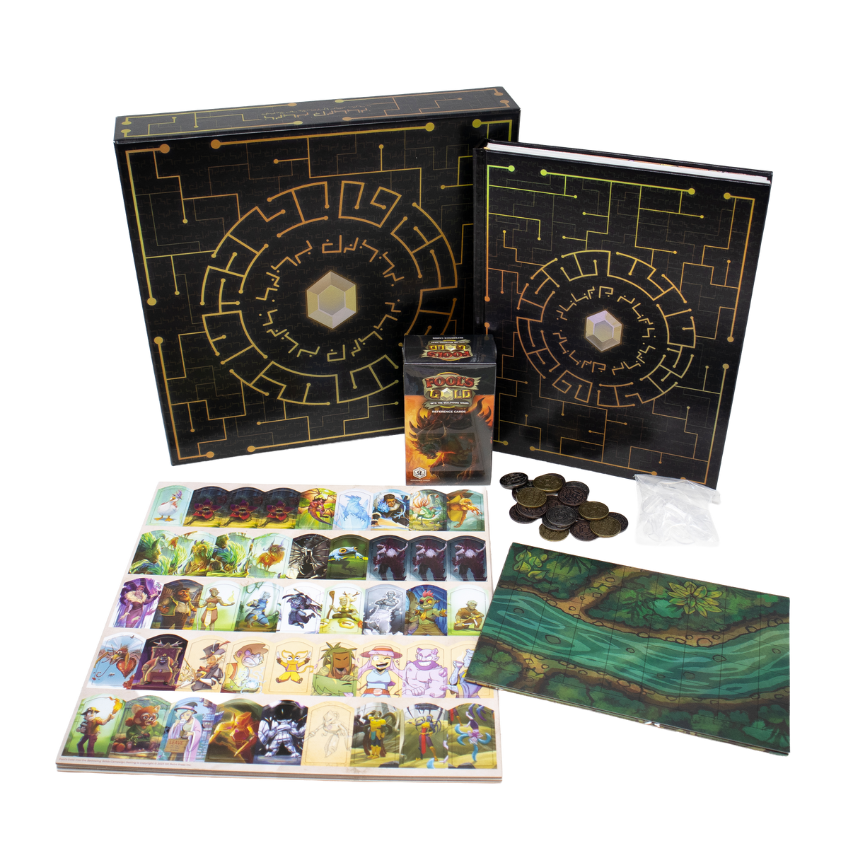 A photo of the Fool's Gold boxset laid out in front of the box itself.