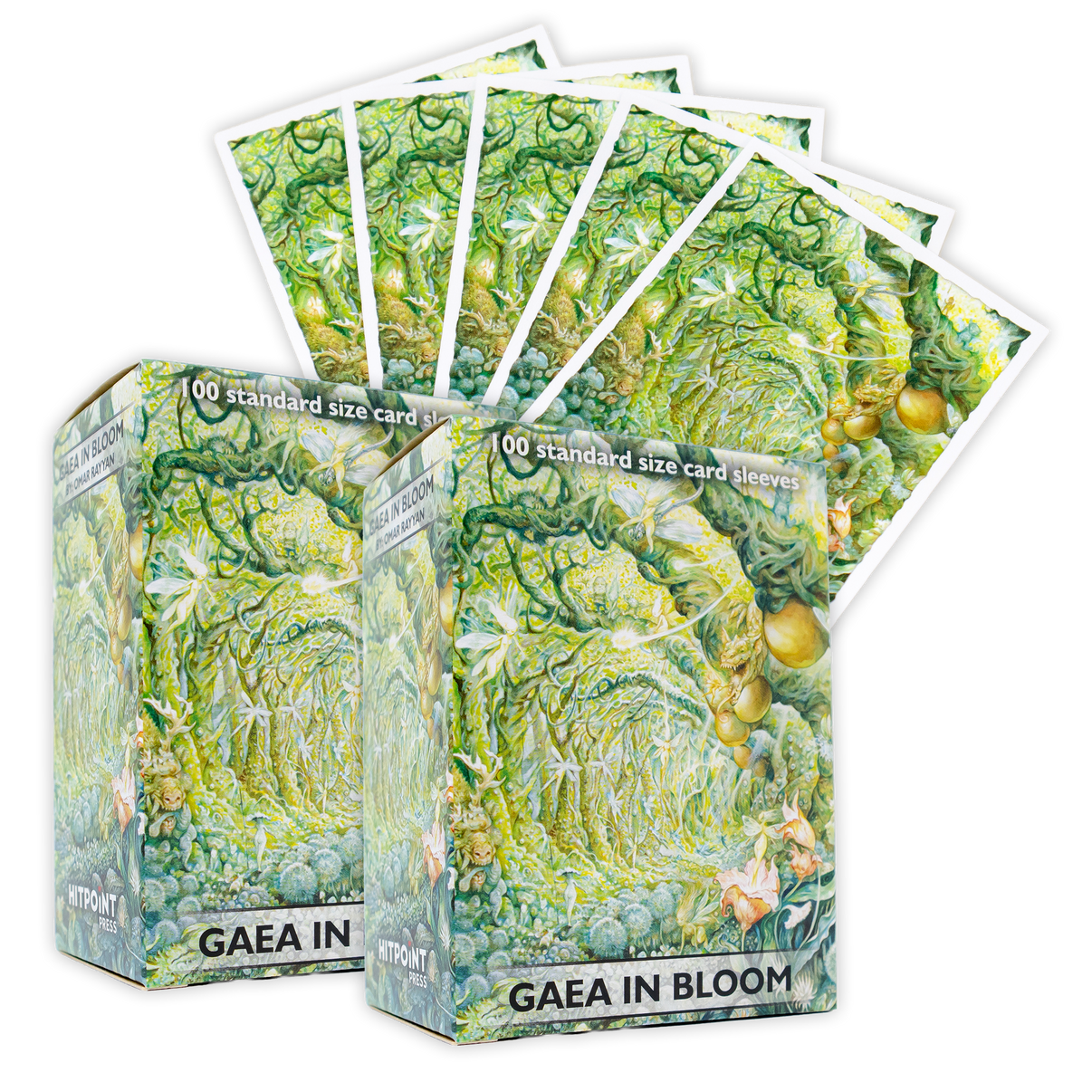 A photo of the Gaea in Bloom Dragon Shield Sleeves box 2 times with 5 of the sleeves showcased.
