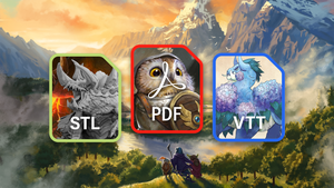 Three icons labeled STL, PDF, and VTT against a mountainous landscape background.