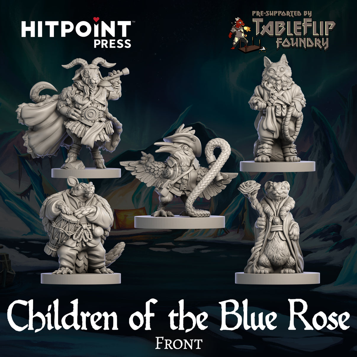 5 figurines from "Children of the Blue Rose" arranged on an arctic background, facing forward.