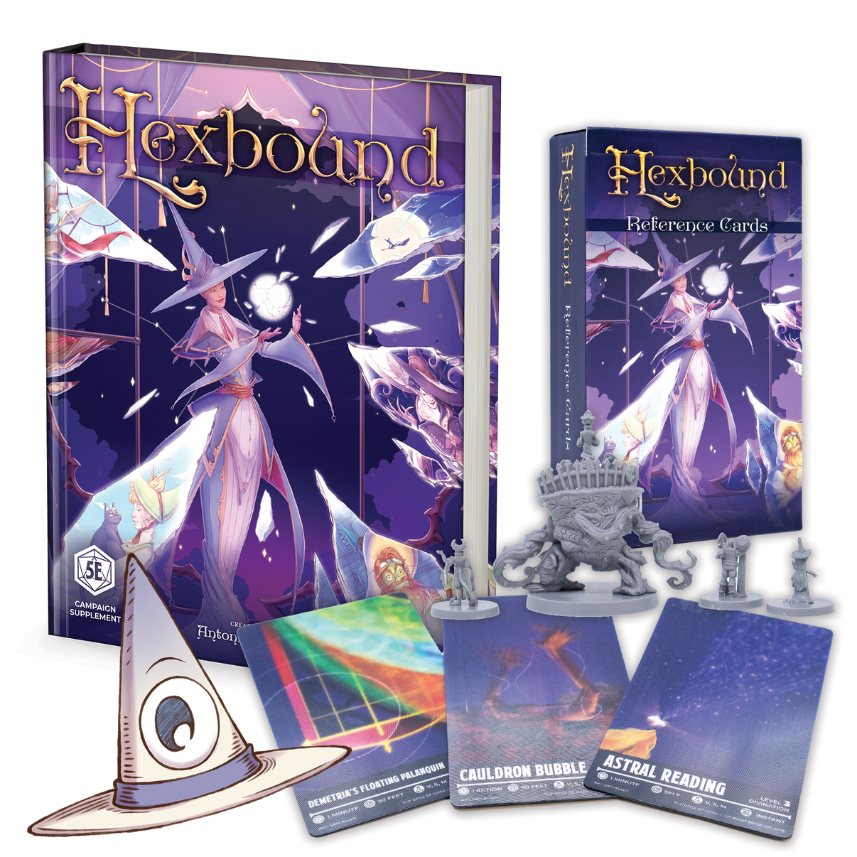 Hexbound game set with book, cards, and miniatures on a white background