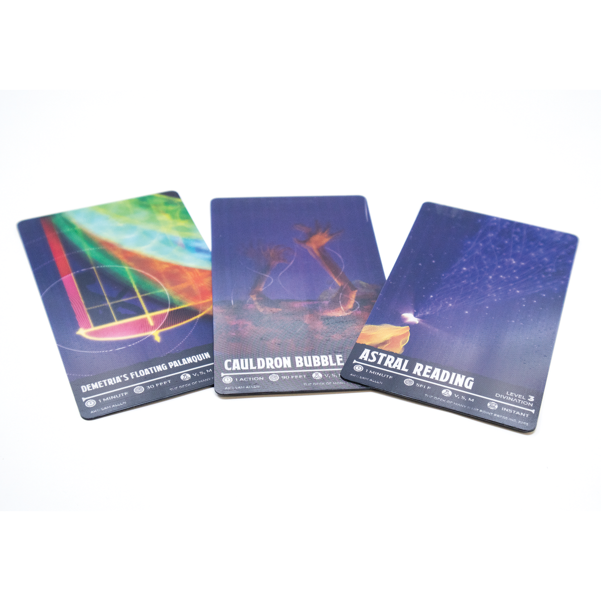 Three tarot cards with colorful designs and text on a white background