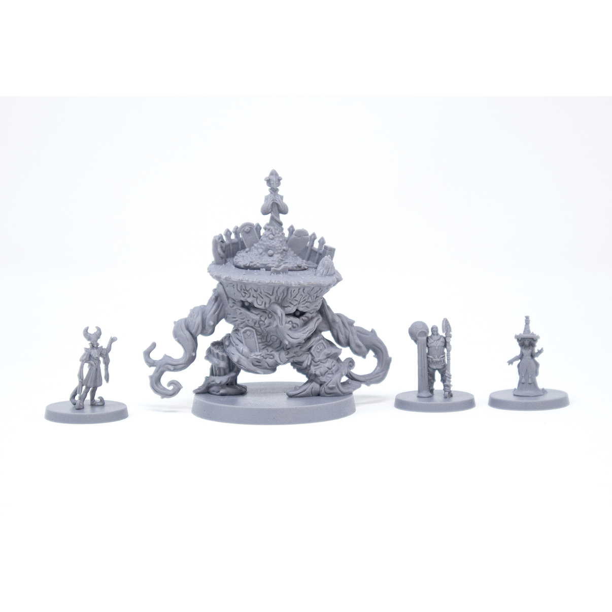Gray fantasy miniature figures on a white background