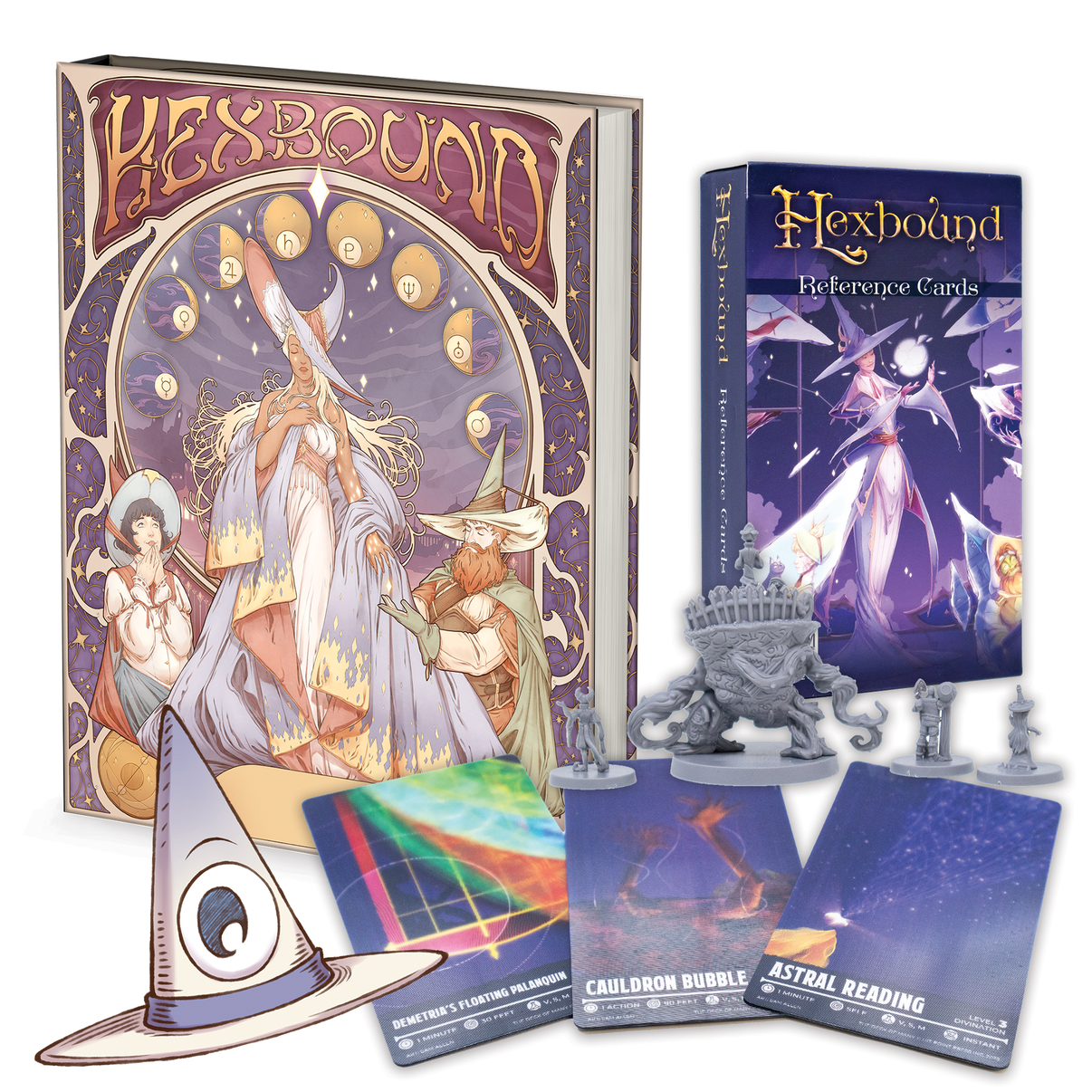 Hexbound game components including a book, cards, and miniatures on a white background