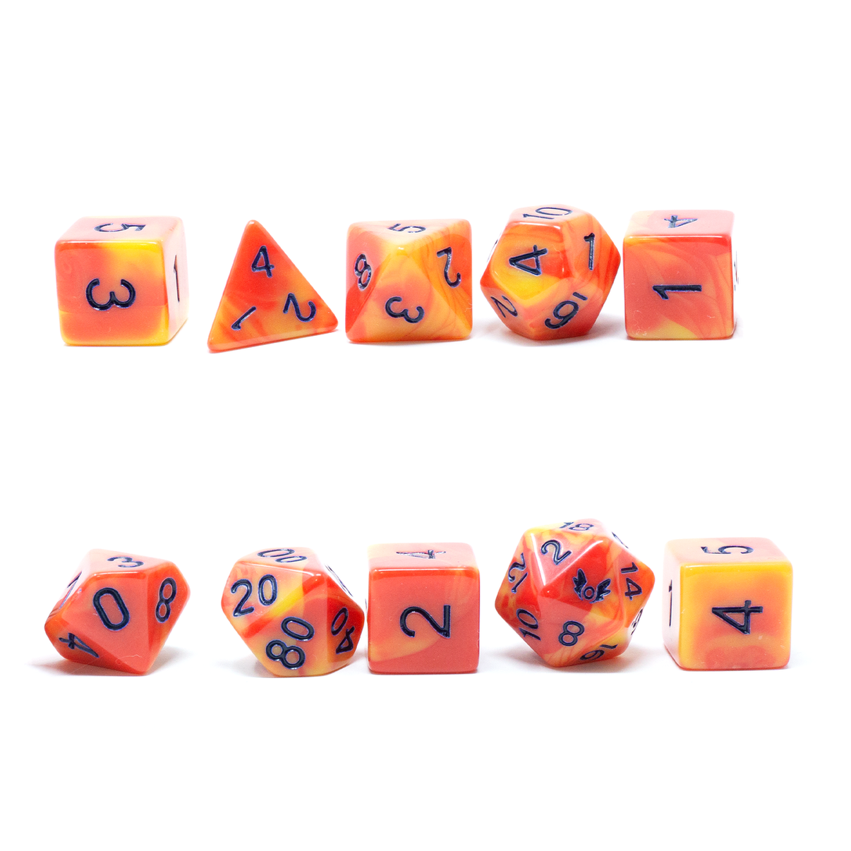 A set of polyhedral dice in orange and yellow hues with black numbering, including various shapes such as a d4, d6, d8, d10, d10%, d12, and d20.