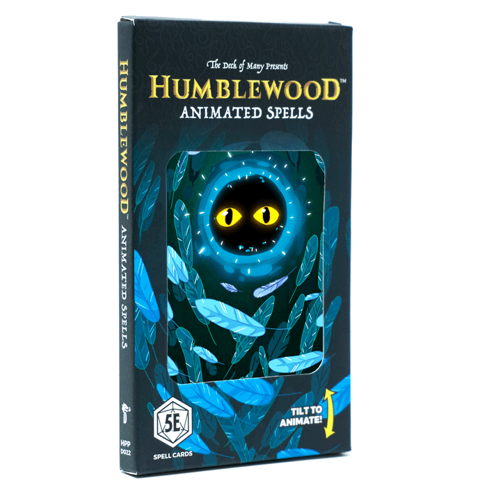 A box with an animation of feathers swirling around blinking eyes and the text "Humblewood Animated Spells".
