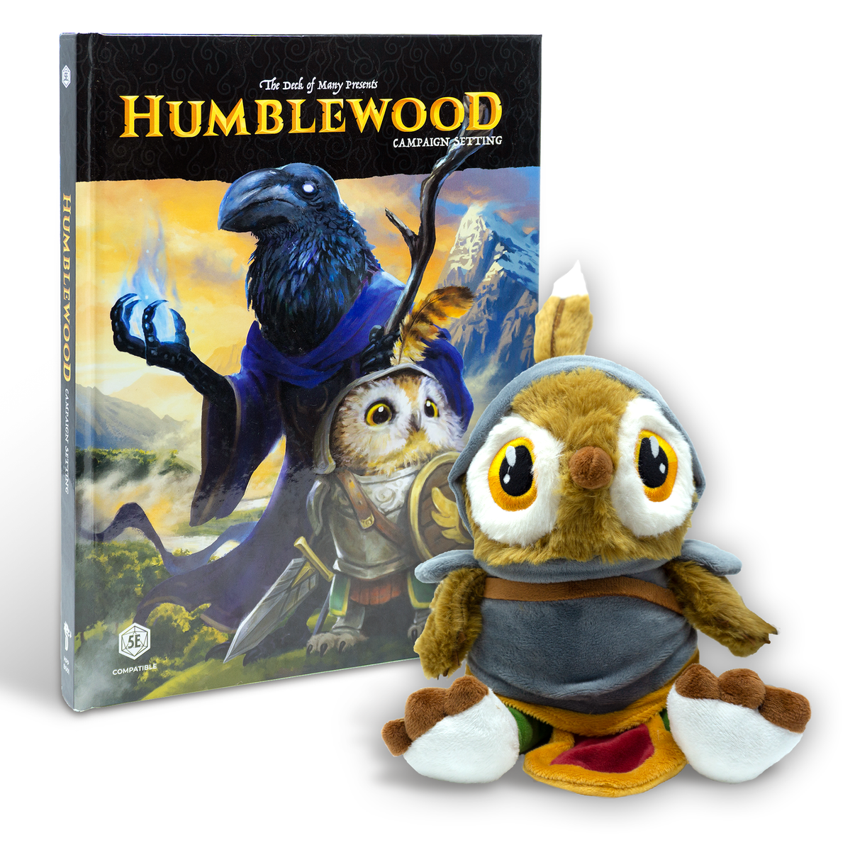 Plush toy of an owl character in front of a book titled 'Humblewood'.