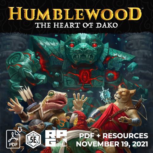 Cover art for the TTRPG Humblewood: The Heart of Dako PDF featuring illustrated fantasy creatures and characters.