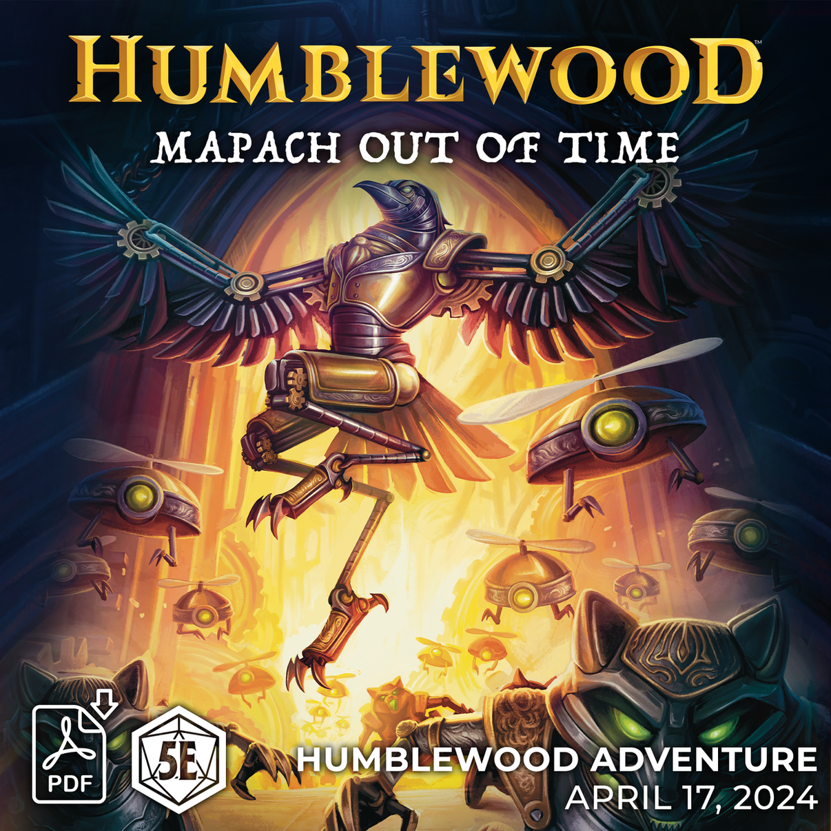 Cover art for Humblewood adventure PDF titled 'Mapach Out of Time', featuring a dynamic illustration of a character with wings and mechanical elements, surrounded by birds and magical energy.