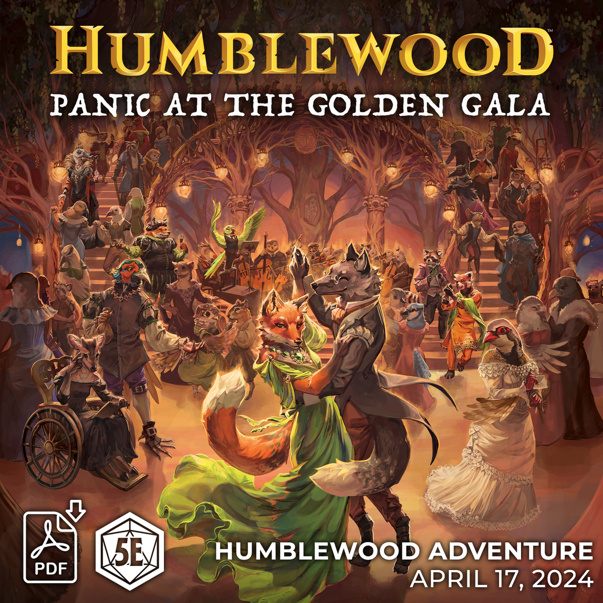 Cover art for Humblewood adventure PDF depicting a vibrant scene of fantasy characters dancing and socializing at a ball.